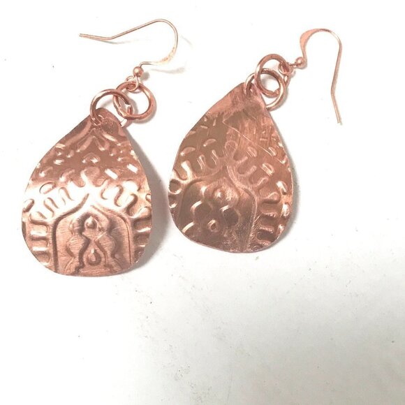 Tear Drop Baroque Embossed Solid Copper Earrings - Picture 4 of 6